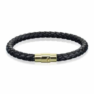 Bracelet homme en cuir tress� noir � attache dor�e