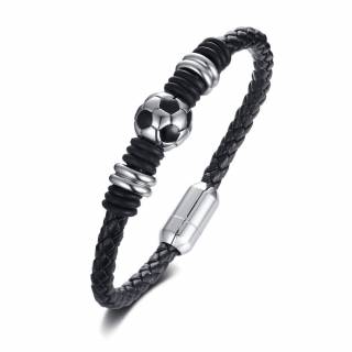 Bracelet homme en cuir tress� noir � ballon d'acier