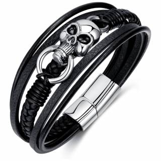 Bracelet homme goth-rock similicuir � large t�te de mort acier