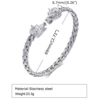 Bracelet homme jonc tress� style viking � t�tes de loups en acier