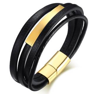 Bracelet homme lani�res similicuir � plaque dor�e en acier