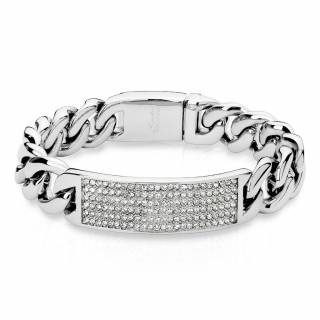 Bracelet homme large en acier � maillons ovales et plaque pav�e de pierres