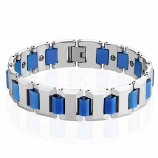 Bracelet homme magn�tique en tungst�ne � maillons en "T" et jonctions bleues