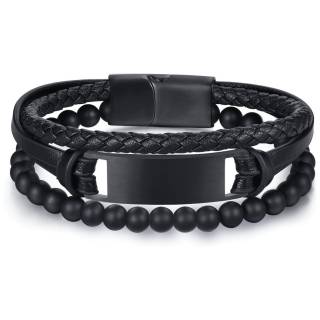 Bracelet homme multi-rangs noir � plaque d'acier