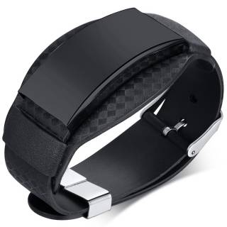 Bracelet homme noir � ruban damier et large plaque d'acier