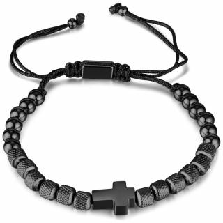 Bracelet homme noir acier � croix latine perles et cylindres