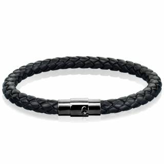 Bracelet homme noir en cuir tress� � attache crant�e