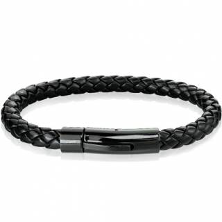 Bracelet homme noir en cuir tress� � attache cylindrique