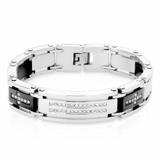 Bracelet homme noir et argent� en acier � bandes et croix de pierres