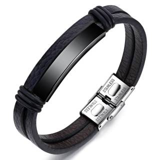Bracelet homme noir similicuir � plaque d�centr�e en acier