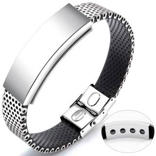 Bracelet homme perfor� en silicone noir et acier inoxydable � plaque