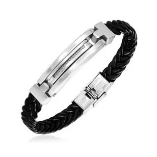 Bracelet homme plaque � cable acier puis tresse similicuir