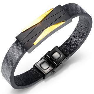 Bracelet homme � plaque d'acier style futuriste noire et dor�e
