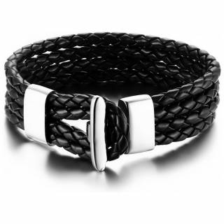 Bracelet homme � quatre tresse en similicuir Noir et attache acier