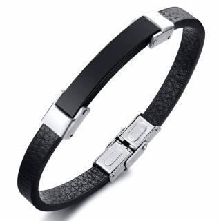Bracelet homme ruban similicuir � plaque d'acier noire