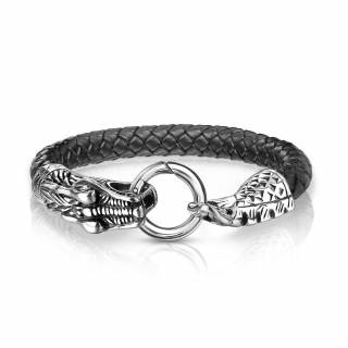 Bracelet homme serpent acier � corps similicuir tress� noir
