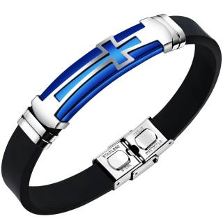 Bracelet homme silicone � plaque croix acier bleue et grise