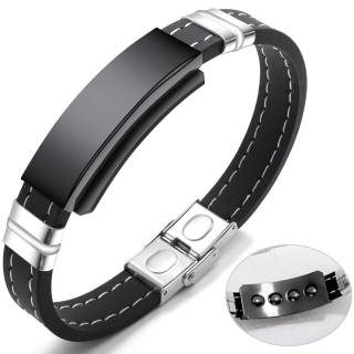 Bracelet homme silicone surpiqu� � plaque d'acier noire