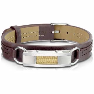 Bracelet homme similicuir marron � barrette et filins d'acier