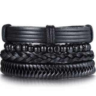 Bracelet homme similicuir multicouches noir � perles de bois