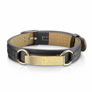 Bracelet homme similicuir noir � plaque avec pri�re grav�e