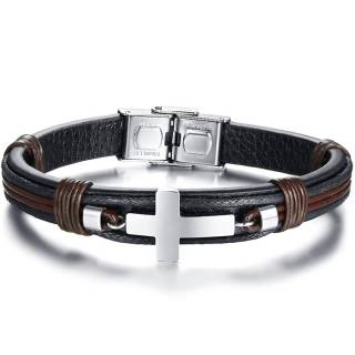 Bracelet homme similicuir noir et marron � croix acier