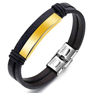 Bracelet homme similicuir noir � plaque d�centr�e en acier dor�