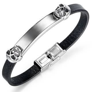 Bracelet homme similicuir � plaque avec cranes sculpt�s