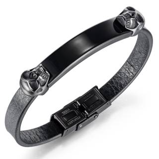Bracelet homme similicuir � plaque noire avec cranes sculpt�s