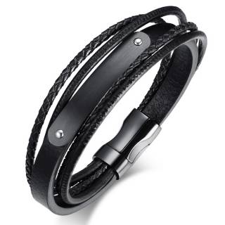 Bracelet homme similicuir � plaque noire en acier rivet�