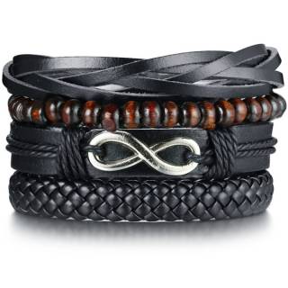 Bracelet homme similicuir � symbole infini et perles de bois