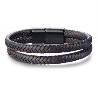 Bracelet homme similicuir tress� marron et bleu � attache magn�tique