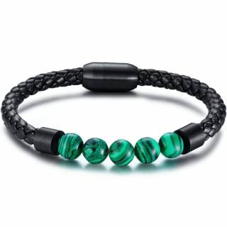 Bracelet homme similicuir tress� noir � perles de Malachite
