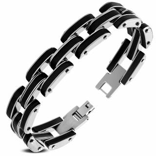 Bracelet homme style chenille en acier argent� et acrylique noir