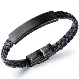 Bracelet homme tresse cuir � plaque noir acier