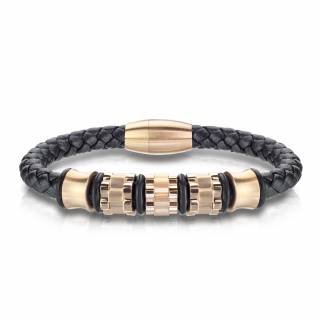Bracelet homme tresse de cuir noir et cylindres cuivr�s
