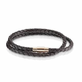 Bracelet homme tresse double tour similicuir marron � attache cuivr�e