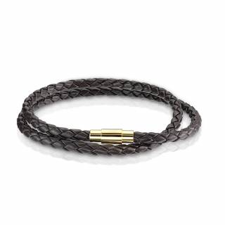 Bracelet homme tresse double tour similicuir marron � attache dor�e
