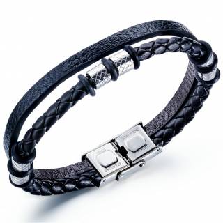Bracelet homme tresse et bande similicuir � cylindres ray�s