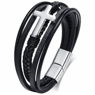 Bracelet homme tresse et lani�res en cuir � croix latine argent�s