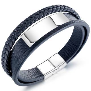 Bracelet homme tresse et rubans similicuir � plaque d'acier