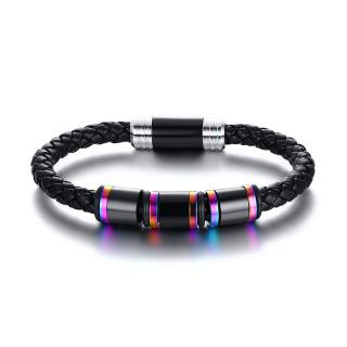 Bracelet homme tresse similicuir � cylindres noirs et iris�s