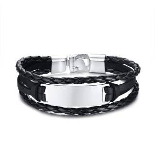 Bracelet homme � tresses de cuir noir et plaque m�tal grise