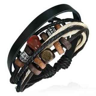 Bracelet large en cuir, cordes noires et blanches avec diverses perles