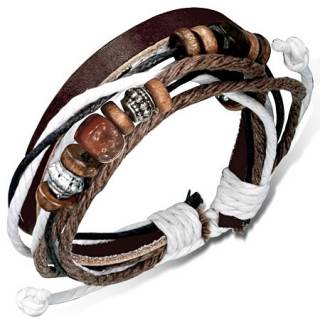 Bracelet marron et blanc en cuir et cordes avec perles de bois, m�tal et pierre