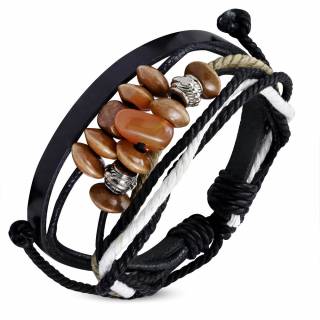 Bracelet noir et blanc en cuir et cordes avec perles bois, m�tal et pierre