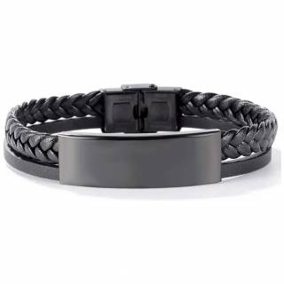 Bracelet noir pour homme � plaque ID avec tresse et lani�re similicuir