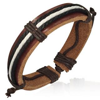 Bracelet � ruban de cuir marron avec cordes noires et blanches