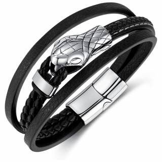 Bracelet similicuir noir � t�te de serpent en acier "OPHIUCUS"