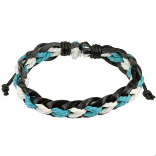 Bracelet tress� de cuir noir avec cordage blanc et turquoise